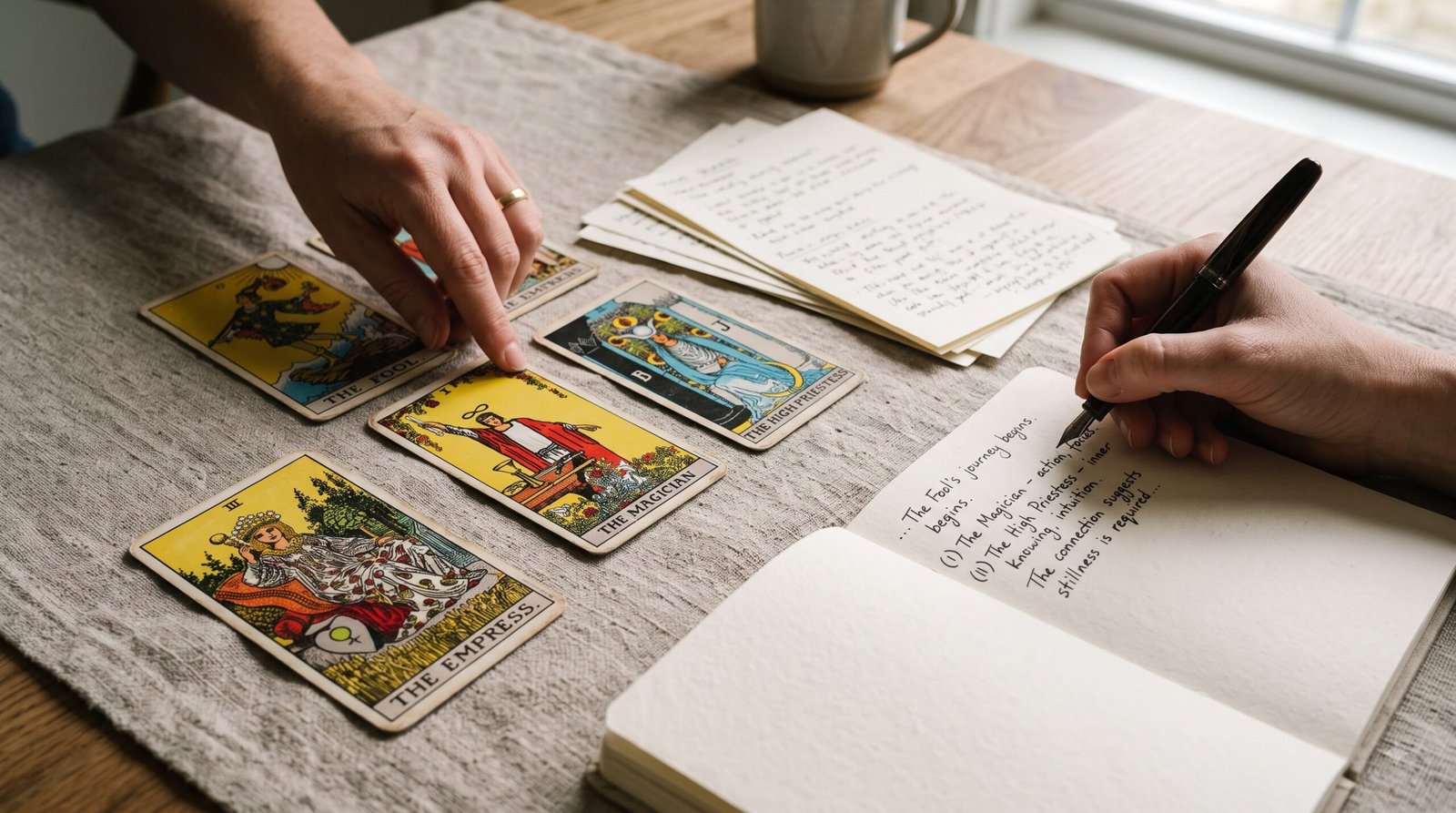 Jane's linen desk with morning daylight and hand-shuffled tarot cards